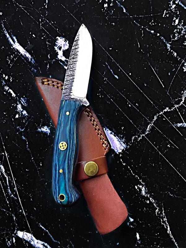 Titan Azura Custom knife/ hunting knife/ Carbon steel skinning knife/ camping/ utility knife with Blue Diamond Wood handle.