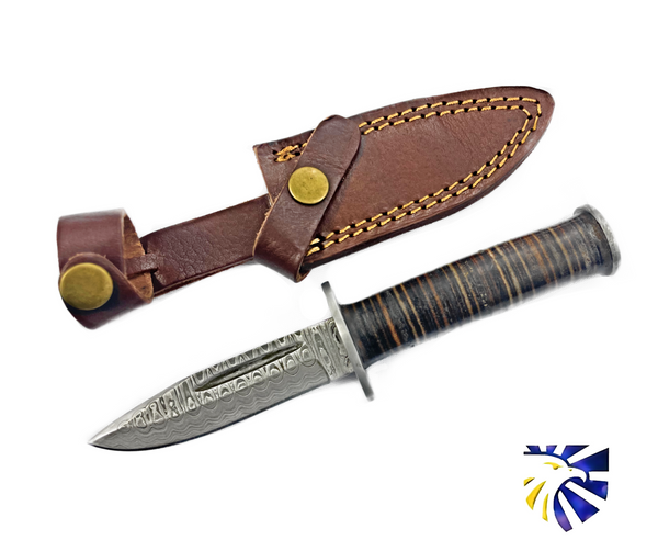 Arrival (NEW) TD-708 MILITARY STYLE CLIFF POINT KNIFE HIGH CARBON DAMASCUS BLADE HAND MADE BY TITAN STACKED LEATHER HANDLE