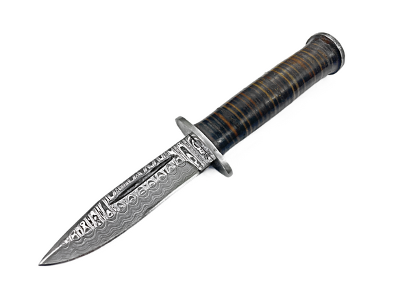 Arrival (NEW) TD-708 MILITARY STYLE CLIFF POINT KNIFE HIGH CARBON DAMASCUS BLADE HAND MADE BY TITAN STACKED LEATHER HANDLE