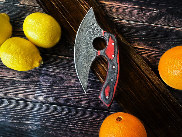 Custom Alaskan Ulu style blade, perfect for outdoors and indoor use, diamond wood (red and black)