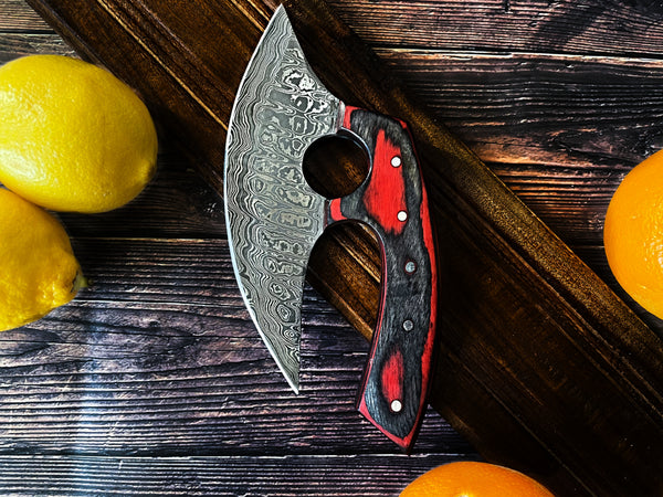 Custom Alaskan Ulu style blade, perfect for outdoors and indoor use, diamond wood (red and black)