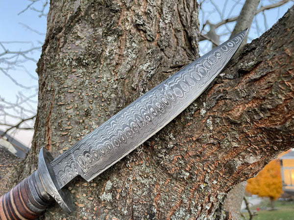 CUSTOM HANDMADE FORGED DAMASCUS STEEL Coffin Bowie Style Blade with Leather Grip TK-046