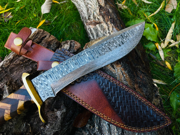 Damascus Steel Handmade Bowie knife with Checkered Wood TK-057 Limited Run