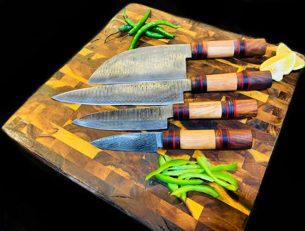 4-Piece Damascus & Wood Grip Knife Set / With Leather carry Bag