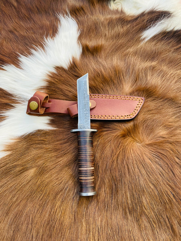 Military Style Tanto knife High Carbon Damascus Blade Hand Made by Titan Stacked Leather Handle TD-235
