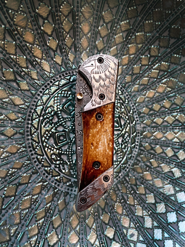 Titan American Eagle - Raindrop Damascus folding blade/ EDC/ Eagle engraved Steel Bolster
