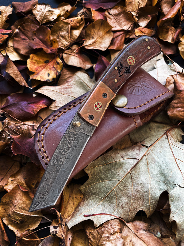 Damascus Steel Folding Knife Tanto Blade Engraved Walnut Handle and Copper Bolster Titan Pocket Samurai X TF-012