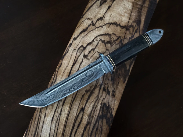 Titan International Knives Damascus Steel with Black Canvas Micarta Scales Japanese Style Tanto Blade - Titan Dark Shinigami
