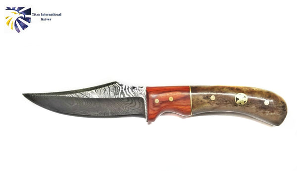 Damascus Steel Skinner Knife, Pekka Wood & Dyed Bone by Titan Td-196