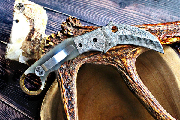Handmade Damascus Folding Pocket knife Karambit Knife Hunting knife Handle Camel Bone Handmade Damascus Steel with leather Sheath A-111