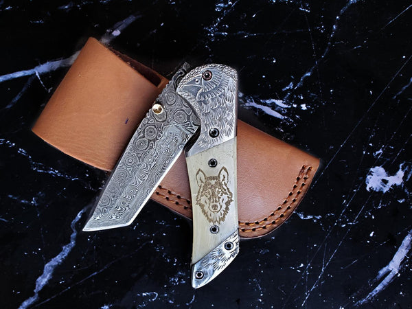 Titan American Eagle - Raindrop Damascus folding blade/ EDC/ Eagle engraved Steel Bolster / Engraved Wolf on Bone