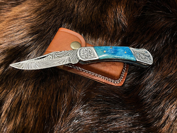 Pocket Knife Dyed Blue Bone 6.5'' Damascus Steel Knife Steel Bolster Back Lock Folding Knife