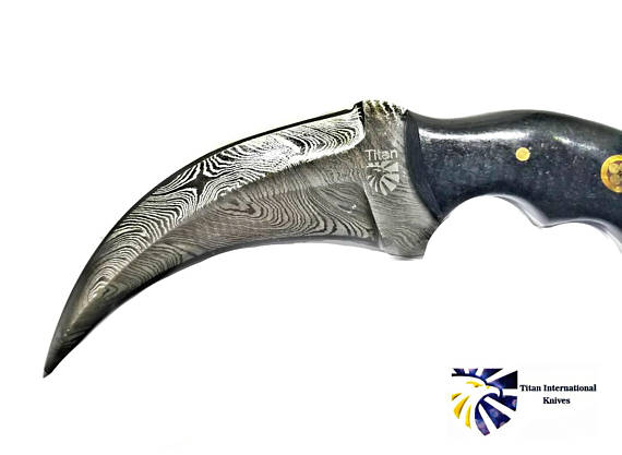 Damascus Karambit with Black Canvas Micarta Scales / Double Edge Karambit by Titan TD-197