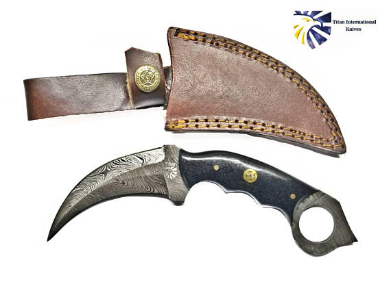 Damascus Karambit with Black Canvas Micarta Scales / Double Edge Karambit by Titan TD-197