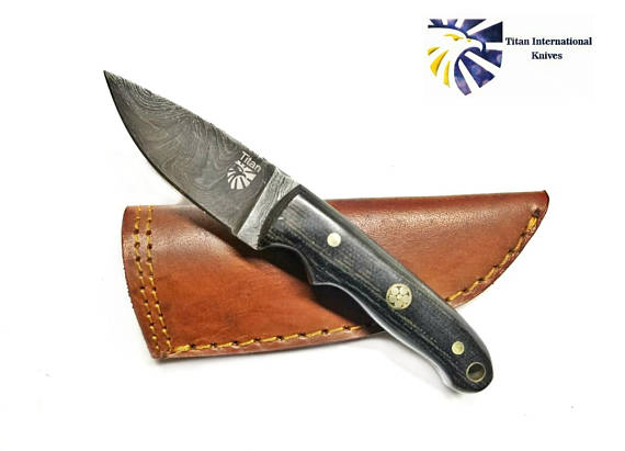 Damascus Steel Drop point Knife, Mini Everyday Carry / Micarta grip by Titan TD-202