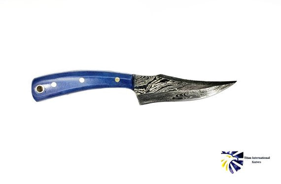 Blue Skinning Knife Design, Custom Damascus Blade TD-214