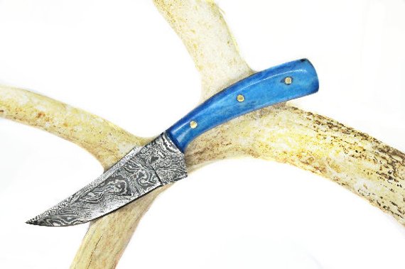 Blue Skinning Knife Design, Custom Damascus Blade TD-214