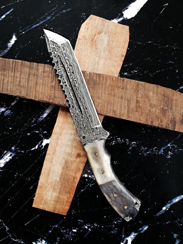 Damascus Titan Gator- Damascus Steel / Tanto blade with serrated back/ Tactical Blade/ Outdoor companion ( Limited )